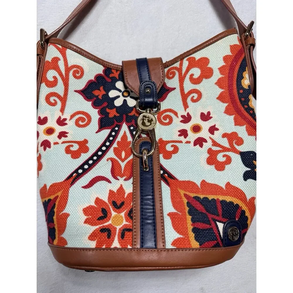 Spartina 449 Waving Mermaid Flower Pattern Leather Linen Tote Purse Shoulder Bag